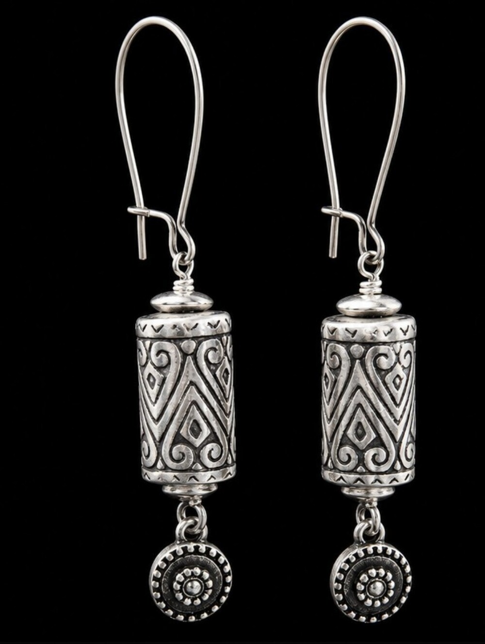 Chico's Silver Tone Artisan Barrel Drop Earrings NWT Southwestern Boho